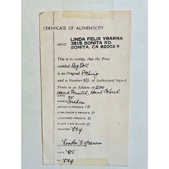 "Rag Doll" Etching Framed Folk Art-L. Felix YBarra-Country-Cottagecore-Farmhouse - Picture 6 of 7